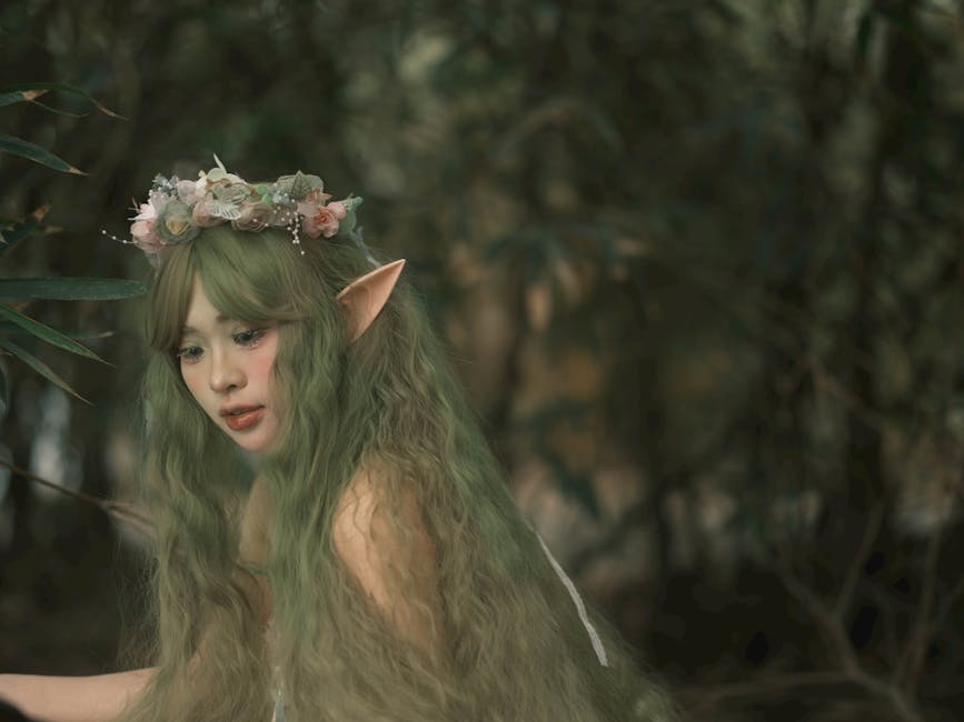A captivating portrait of a fantasy elf woman with floral crown in a lush, mystical forest.
