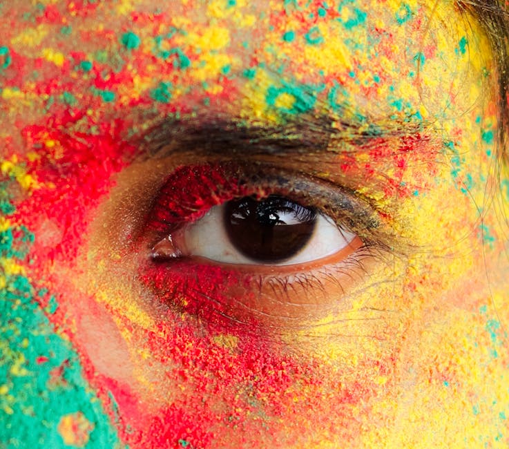 Vivid close-up of an eye covered with colorful Holi powder, celebrating Indian festival.