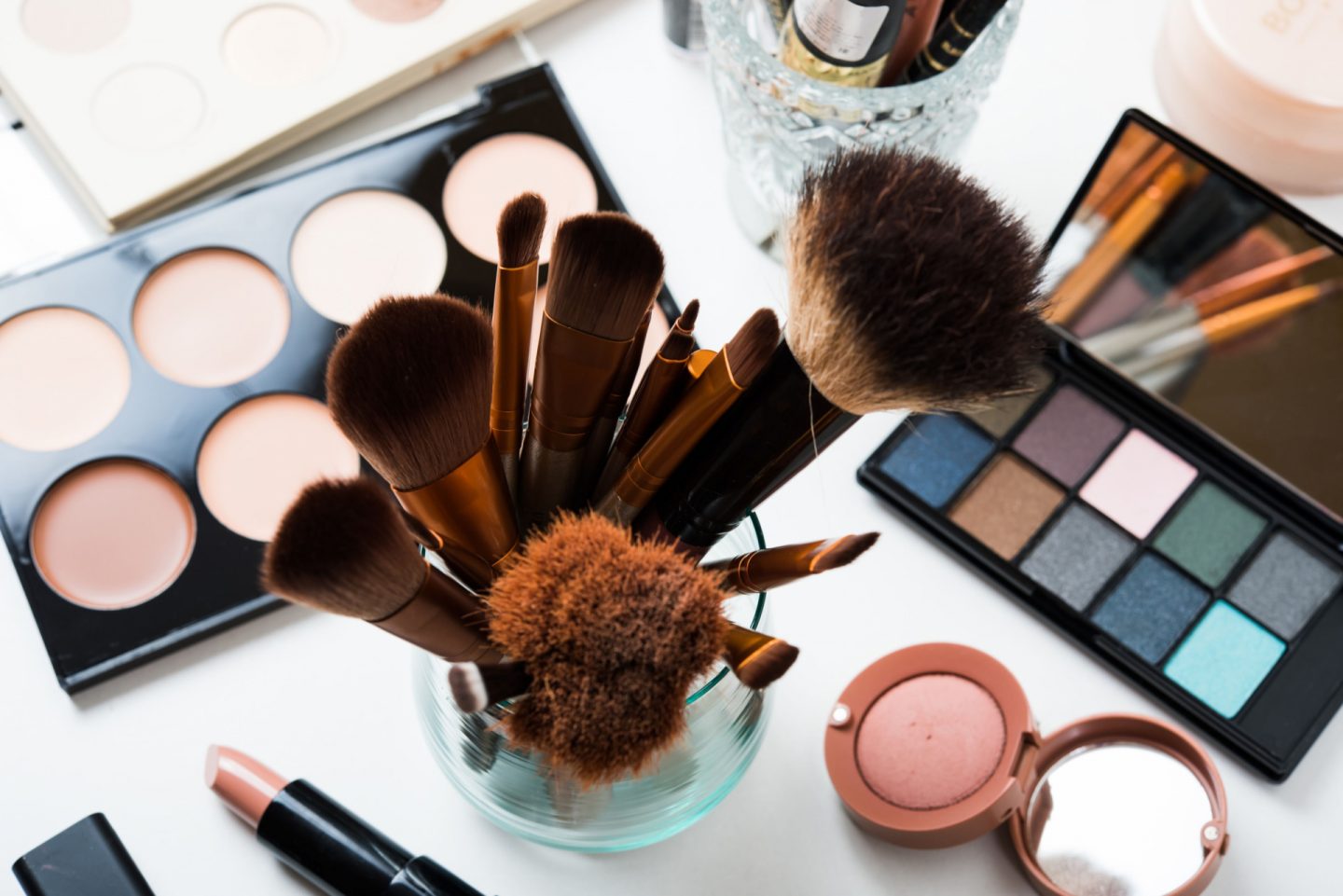 Beauty tools arranged on a vanity